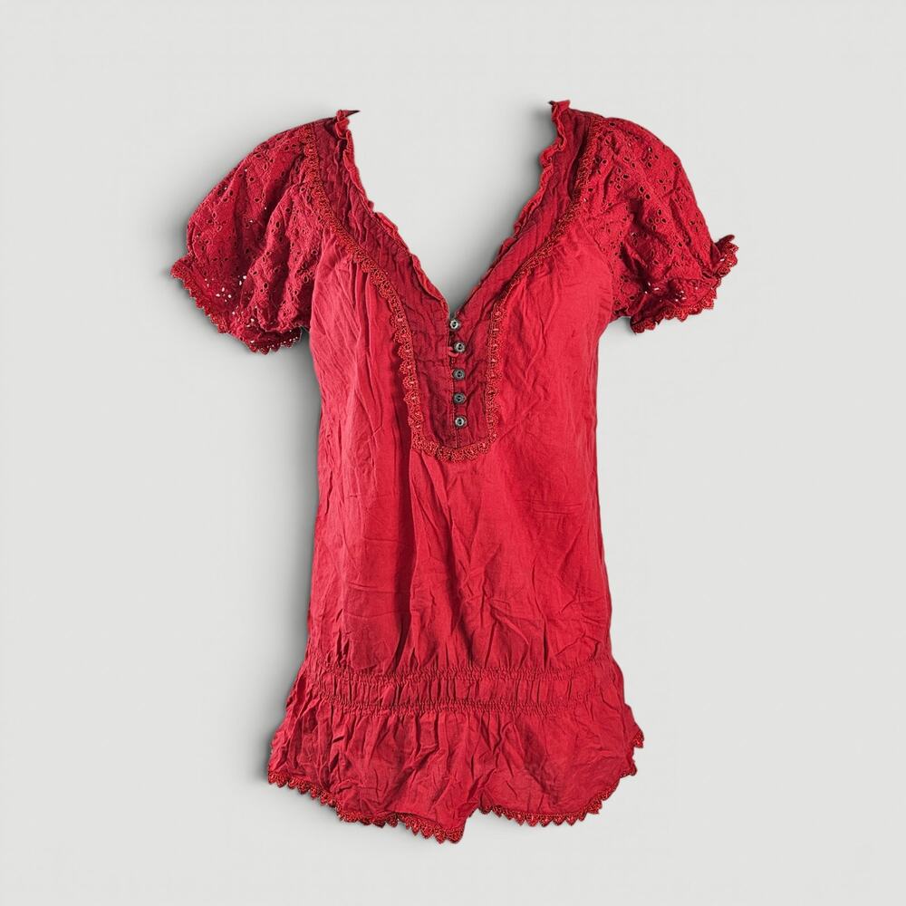 Y2k Drop-Waist Top Coquette Eyelet Red Cotton - Size Large
